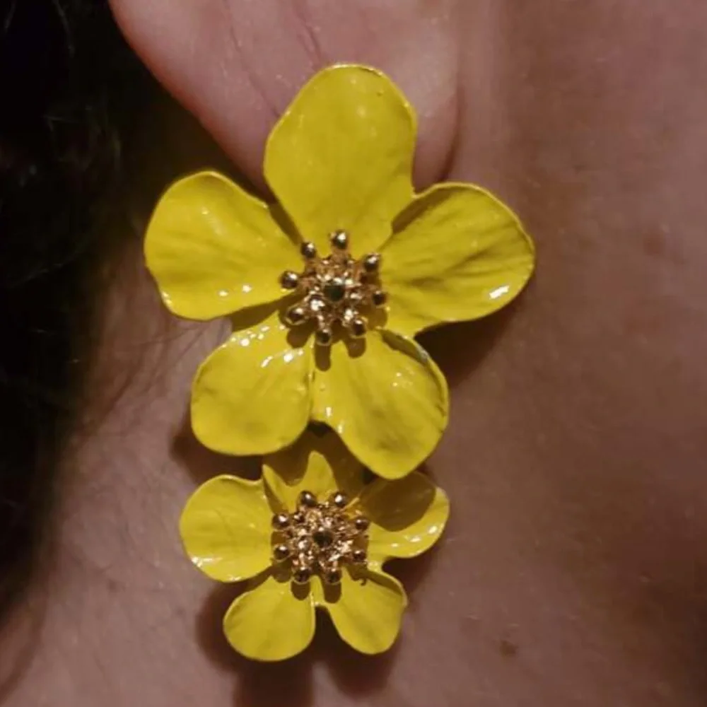 Yellow Double Flower with Gold Center, Boho, Dangle Vacation, Beach Earrings - Picture 2 of 5
